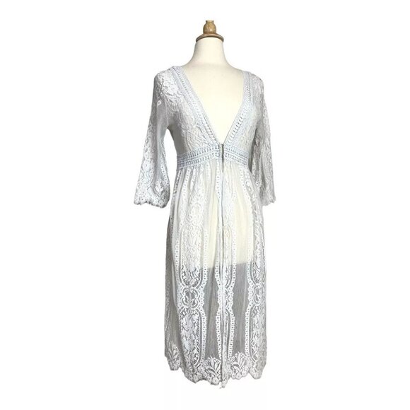 Lace Cover Up White M Fringe Bell Half Sleeve Long Embroidered Boho Hippie Beach - Picture 1 of 8